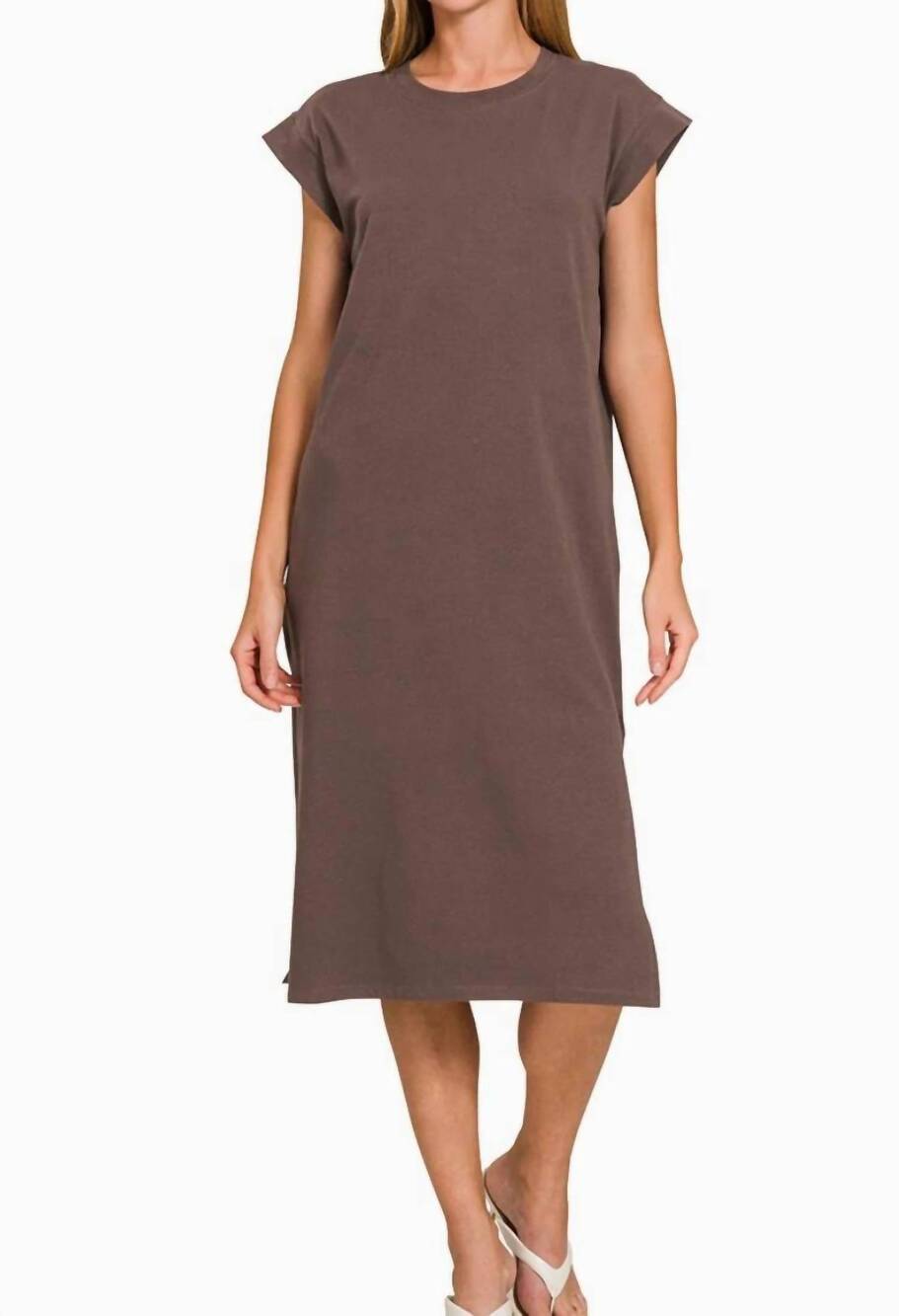 NEW ZENANA round neck short sleeve midi dress in brown